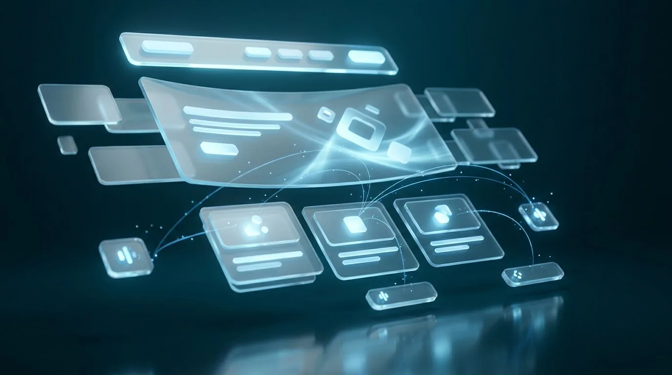 Layers of a website interface floating in glass