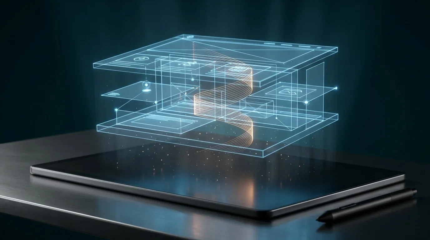 A website interface rising from a laptop