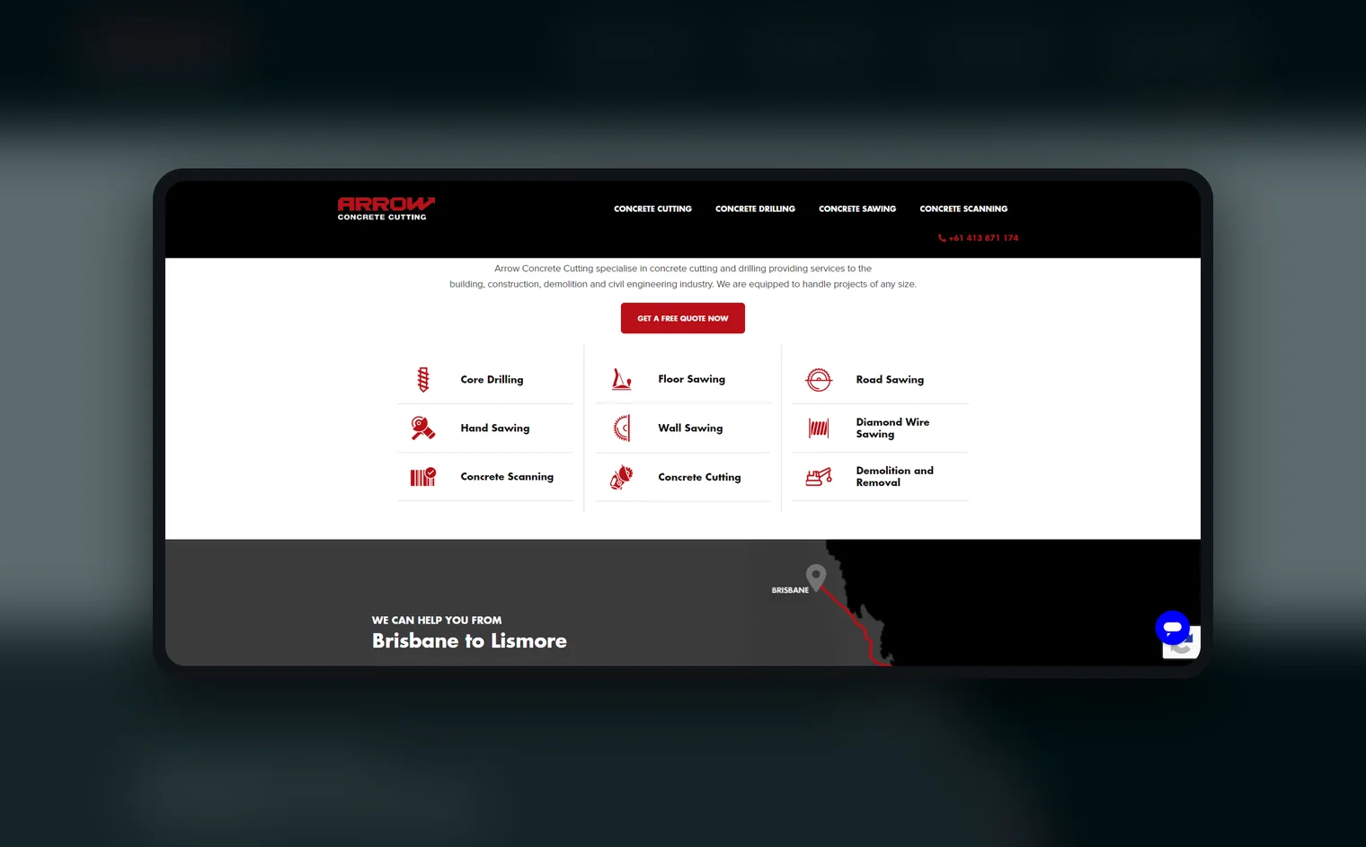Arrow Concrete Cutting website by Balar Media Group, more of the design