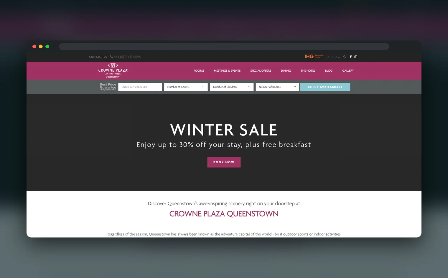 Crowne Plaza Queenstown website design by Balar Media Group