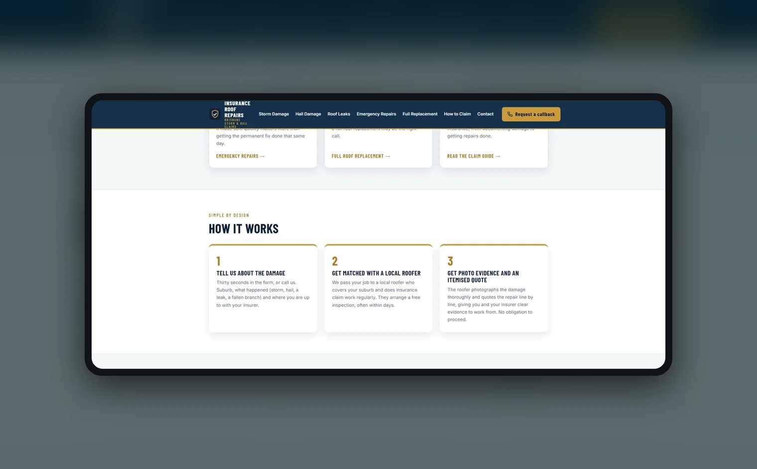 Insurance Roof Repairs Brisbane website by Balar Media Group, more of the design