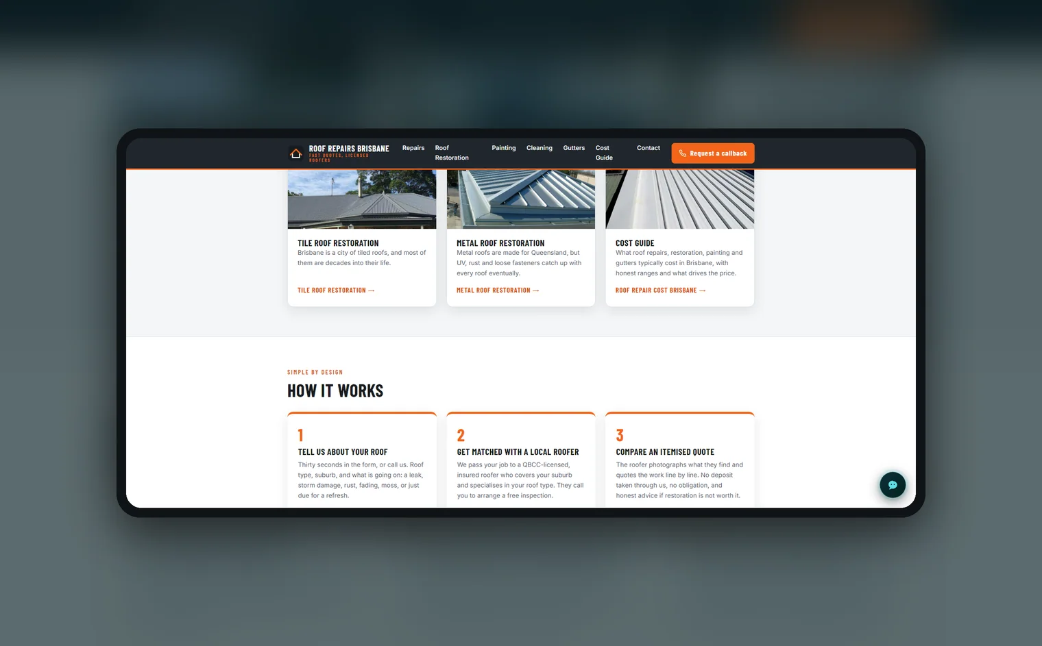 Roof Repairs Brisbane website by Balar Media Group, more of the design