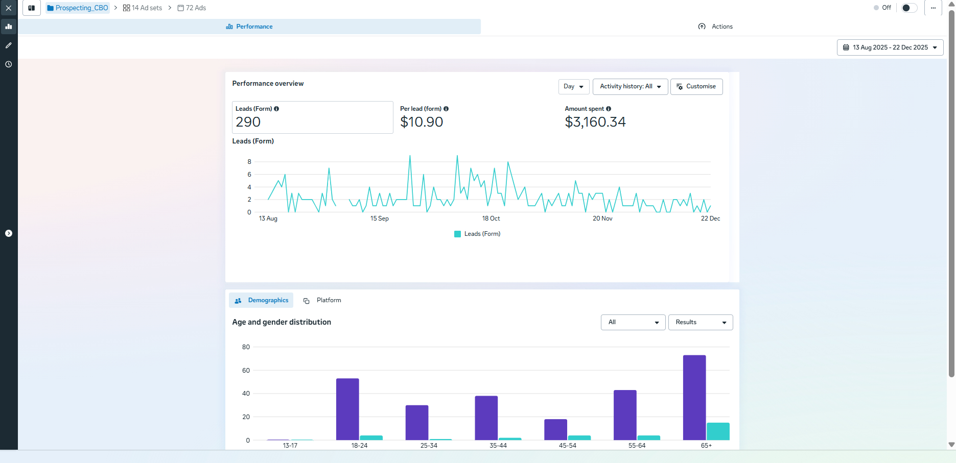 Meta Ads Manager screenshot: 290 leads at $10.90 per lead, $3,160.34 spent